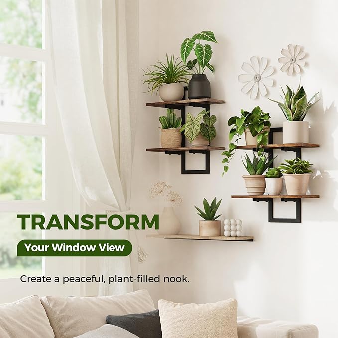 Bamworld Floating Shelves for Wall Planters for Indoor Plants Hanging Shelves Plant Holder Wall Decor Plant Stand Indoor for Plant Hangers Indoor for Living Room Bedroom Bathroom 2-Pack Brown
