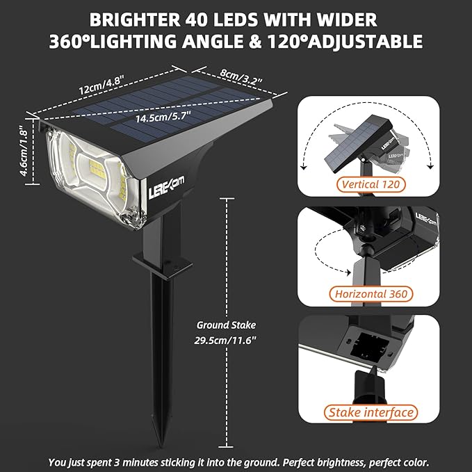 Solar Lights Outdoor Waterproof Landscape Lights, 40 LEDs Solar Spot Lights Outdoor Spotlights with 3 Light Modes, USB & Solar Powered Garden Yard Wall Lights Auto On/Off for Patio 6 Pack