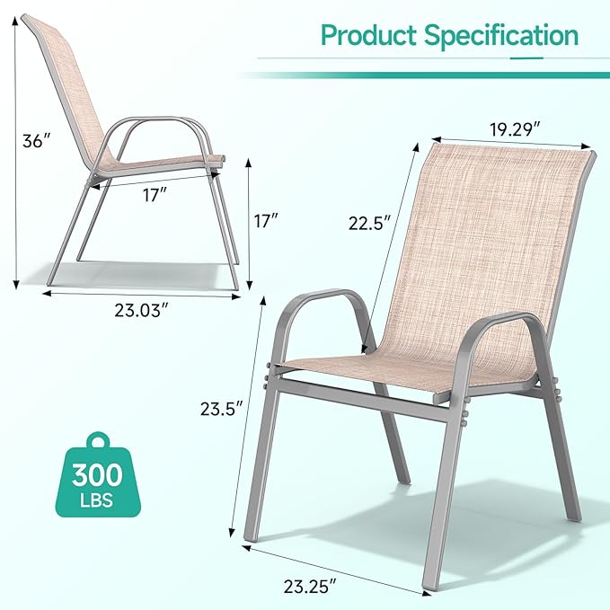 Patio Chairs Set of 2, Easily Set Up Stackable Outdoor Dining Chairs with High Back and Wide Seat, All Weather Breathable Outdoor Chairs Set of 2 with Metal Frame for Backyard Deck Pool, Beige