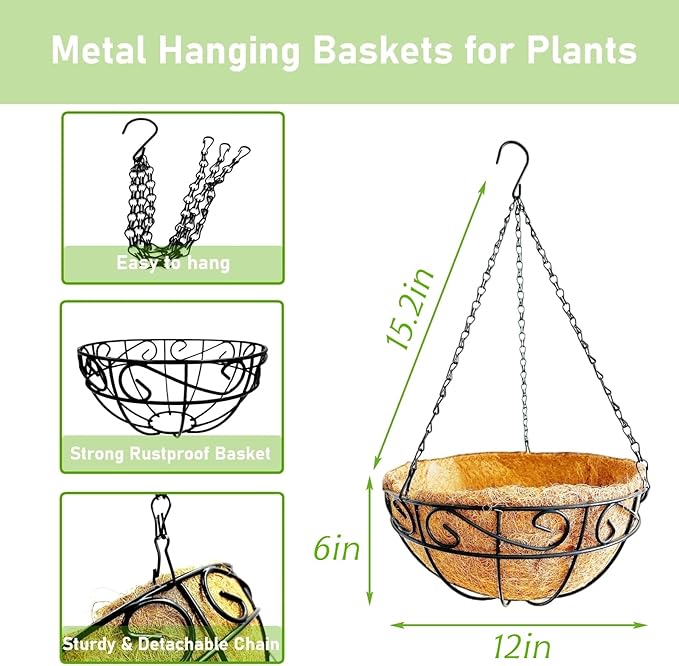 Hanging Planters for Outdoor Plants,2 Pack 12 inch Wire Hanging Baskets with Coco Coir Liner,Hanging Flower Basket for Indoor,Outdoor Garden Decoration