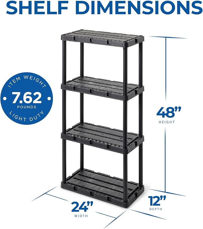 Gracious Living 4 Pack Light Duty Storage Shelves, Knect-A-Shelf 4-Shelf Ventilated Shelving Rack Organizer for Home, Garage, Basement & Laundry, Black