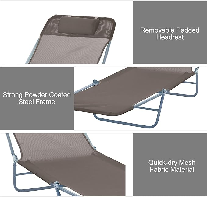 Outsunny Folding Chaise Lounge Chair, Pool Sun Tanning Chair, Outdoor Lounge Chair with Reclining Back, Breathable Mesh Seat, Headrest for Beach, Yard, Patio, Brown