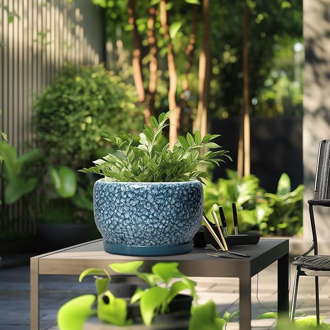 SQOWL Ceramic Planter - 10 Inch Plant Pot Indoor with Drainage Hole and Saucer, Decorative Flower Pots Outdoor, Ceramic Plant Pots, Large Round Planter, Home Patio Decor, House Warming Gifts, Blue