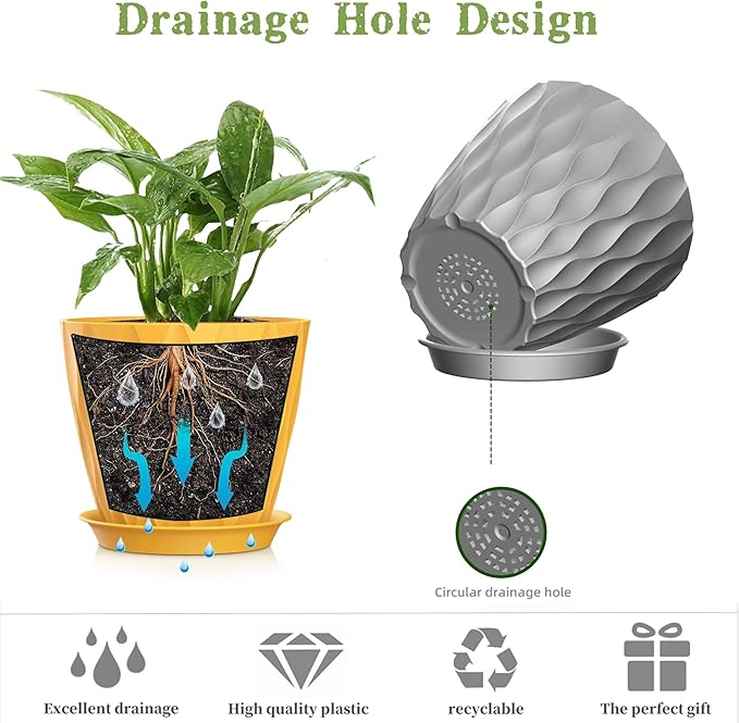 5 Inch Planter Pots, 6 Pack Indoor Planters, Small Flower Pots with Drainage Holes and Tray for Succulents, Orchids, Herbs and Other Indoor Plants (Orange+Grey+White, 5inch)