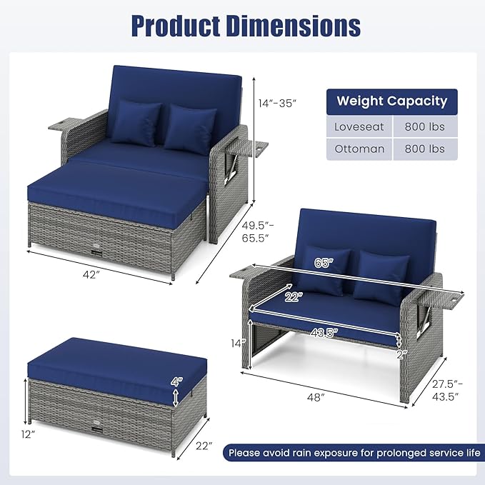 Tangkula Patio Rattan Daybed with 4-Level Adjustable Backrest, Outdoor PE Wicker Loveseat with Storage Ottoman & Folding Side Table, Double Sunbed for Balcony, Backyard & Poolside, Navy & Grey
