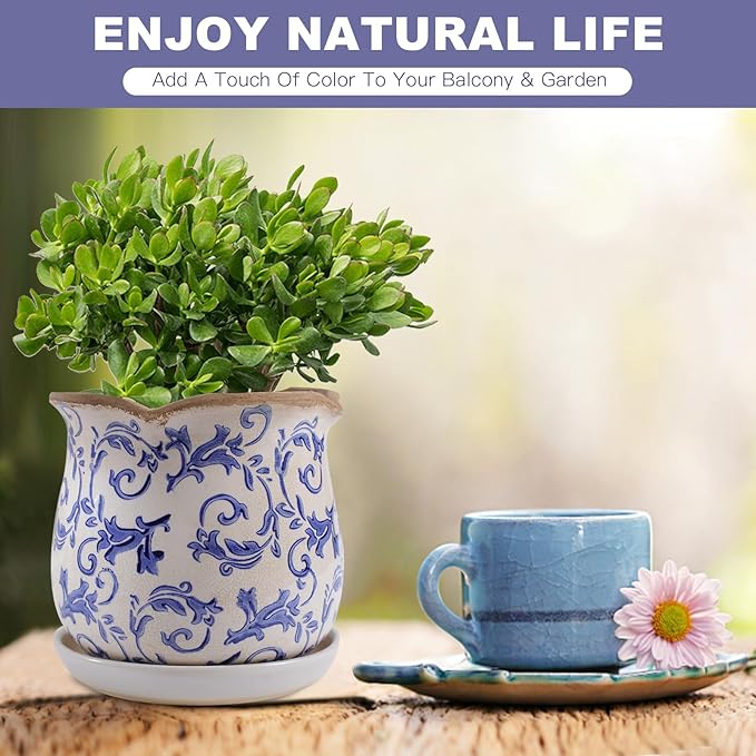 Ceramic-Planters-for-Indoor-Plants with Saucer, 6 inch Vintage Ice Crackle Glaze Plant Pots with Drainage Holes, Decorative Flower Pots for Outdoor Garden Home Decor, Tuscan Pot for Plant