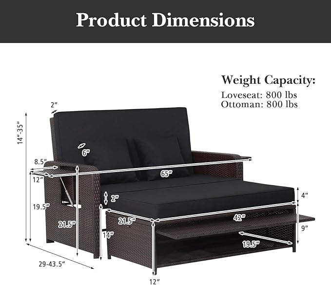 Nightcore Wicker Patio Outdoor Daybed, Outdoor Chaise Lounger w/ 4-Level Adjustable Backrest, Retractable Side Trays, Storage Ottoman, Comfortable & Removable Cushions, Rattan Loveseat (Black)