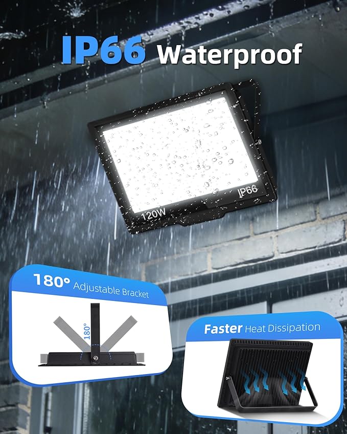 120W LED Flood Light Outdoor with Plug, 14400Lm Super Brighter Security Lights with 5ft Wire, IP66 Waterproof LED Work Light, 5000K Daylight White Exterior Floodlights for Yard Garage Stadium(2 Pack)