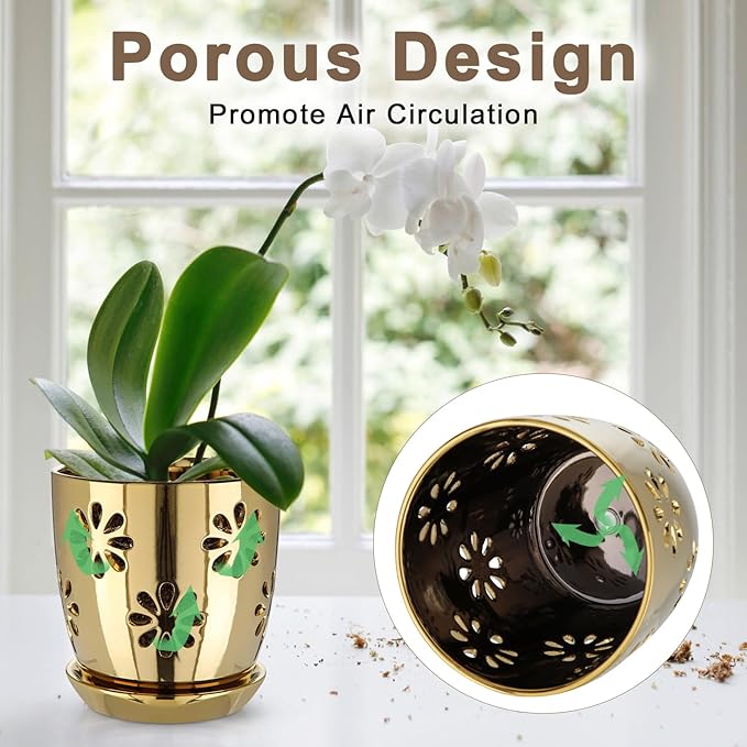 Oairse 6 inch Orchid Pots with Holes, Gold Ceramic Orchid Pot for Repotting Small Indoor Plant Pots with Drainage Holes and Saucers Decorative Flower Planter for Orchids, Indoor Plant