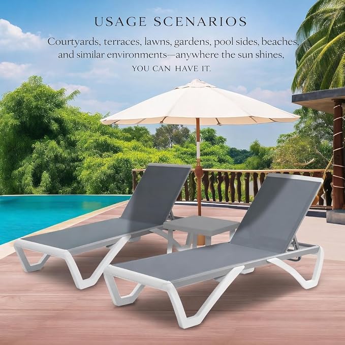 Kozyard Outdoor Chaise Lounge Chair, Full Flat Adjustable Patio Lounger with Aluminum Frame & Resin Legs, Textilene Fabric for Poolside, Backyard & Beach (Gray Without Table)