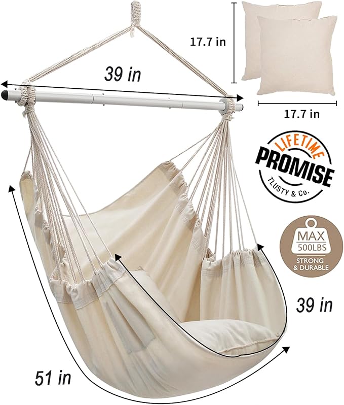 Miztli Hammock Chair with Hanging Chair Cover – 2 Cushions, Steel Spreader Bar with Anti-Slip Rings, Comfortable Indoor & Outdoor Hanging Chair – Includes Protective Waterproof Cover (57x45.5 in)