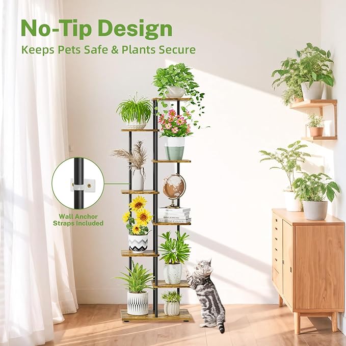 iDavosic.ly 7 Tier Tall Plant Stand Indoor, Tiered Corner Metal Wood Multiple Flower Holder Shelf, 58 Inch Orchid Display Rack for Patio Porch Living Room Balcony Outdoor, Modern Black & Rustic Brown