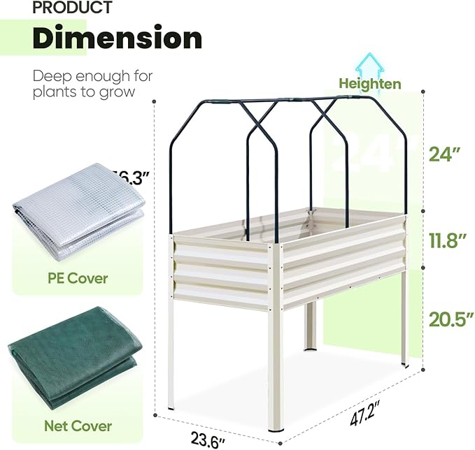 KING BIRD Raised Garden Bed with Cover & Netting Galvanized Elevated Large Planter Box with Legs for Backyard, Patio, Balcony, 400lb Capacity, Beige, 48×24×56 in