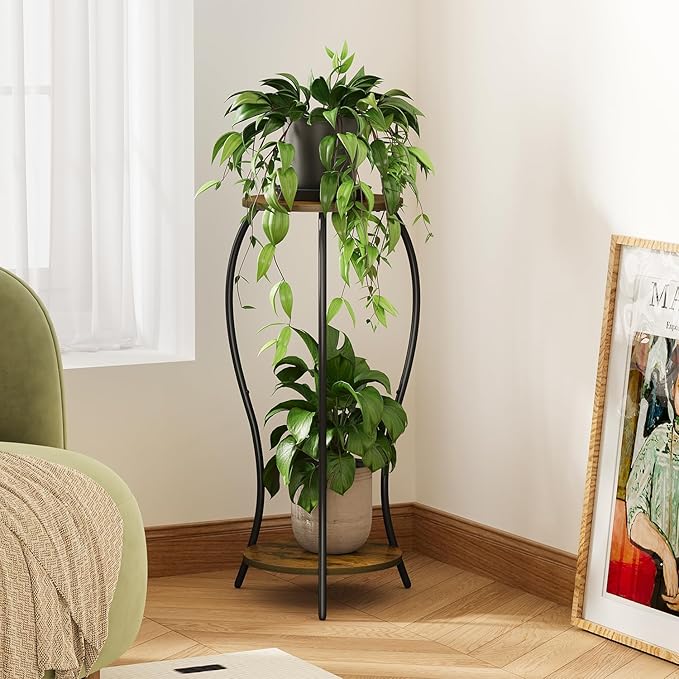 Plant Stand Indoor, 2 Tier Round Tall Plant Stand, Flower Pot Stand, Plant Shelf Rack, Corner Plant Stand for Planter Garden Balcony Patio Living Room