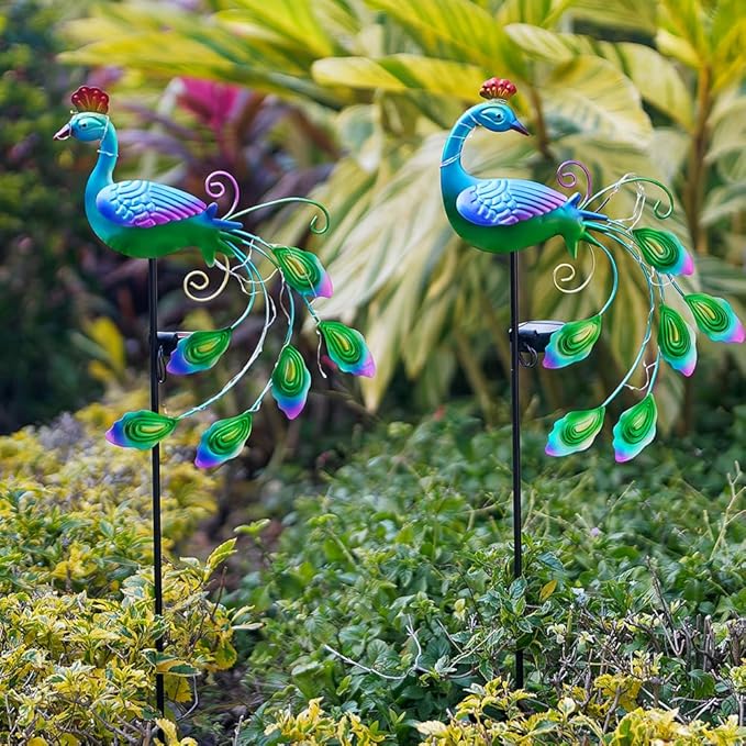 DREAMSOUL 2 Pack Metal Peacock Solar Lights Outdoor Waterproof LED Solar Lights, Decorative Garden Stakes for Yard Pathway Peacock Decor