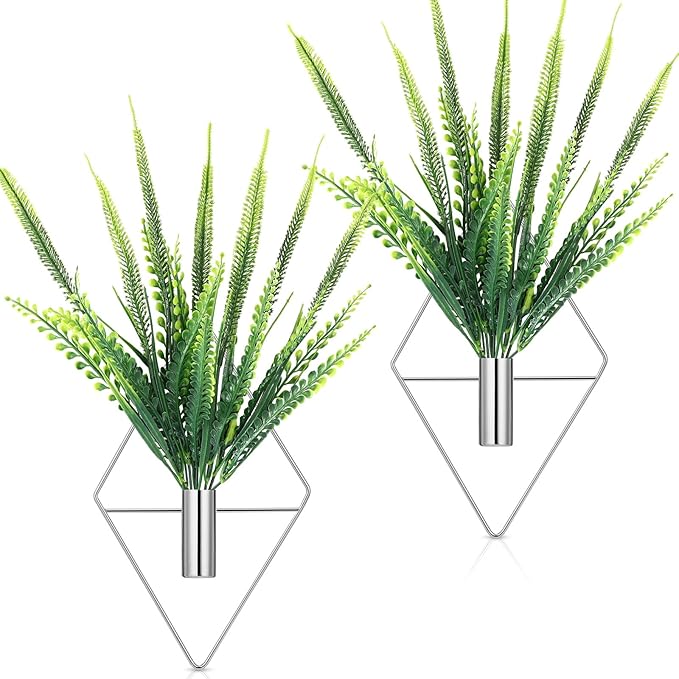 2 Pieces Wall Decor Hanging Planters with Artificial Plants Metal Hanging Vase Indoor Plants Holder Modern Boho Wall Art for Bathroom Bedroom Living Room Decor(Silver,Boston Fern)