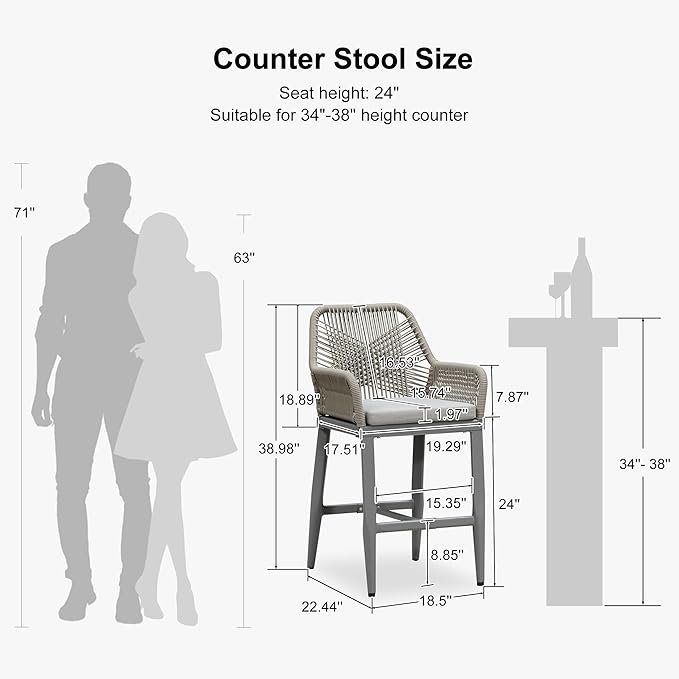 PURPLE LEAF Outdoor 24" Counter Height Bar Stools Chair Set of 2, All Weather Rattan and Aluminum Patio Bar Stool with Cushion for Indoor and Outdoor, Kitchen Island, Light Grey