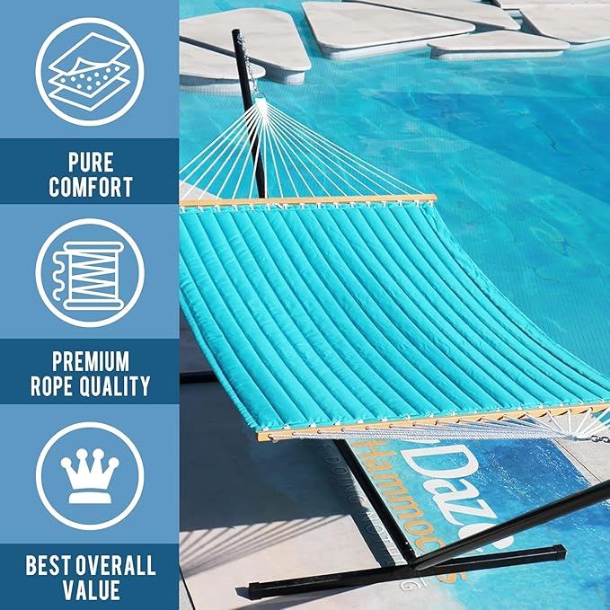 Lazy Daze Hammocks 12 FT Double Quilted Fabric Hammock with Spreader Bar and Detachable Pillow, 2 Person Hammock for Outdoor Outside Patio Garden Yard Pool Beach, 450lbs Weight Capacity (Blue)