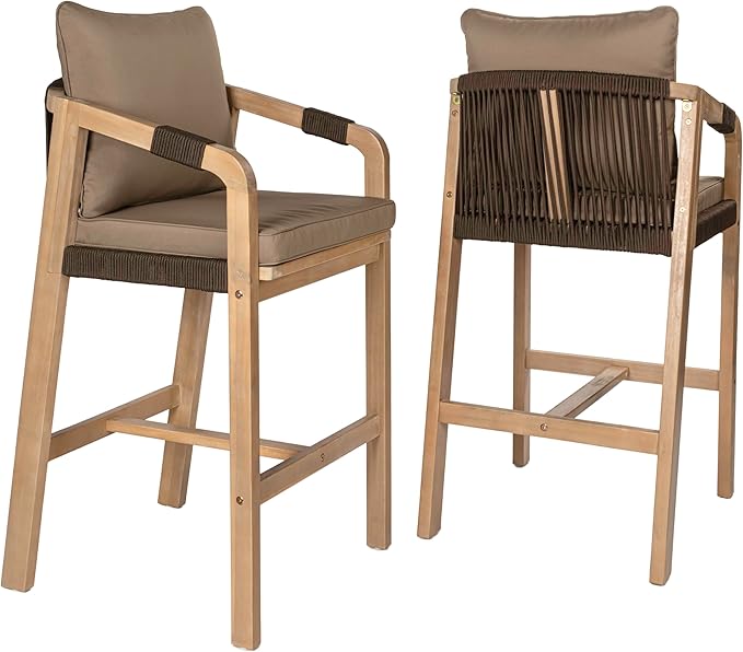 JONATHAN Y BSL1200C-SET2 Porto Modern Coastal Tub Roped Acacia Wood Outdoor Bar Stool with Cushions and Armrests, for Patio, Lawn, Backyard, Deck, Brown/Light Teak (Set of 2)