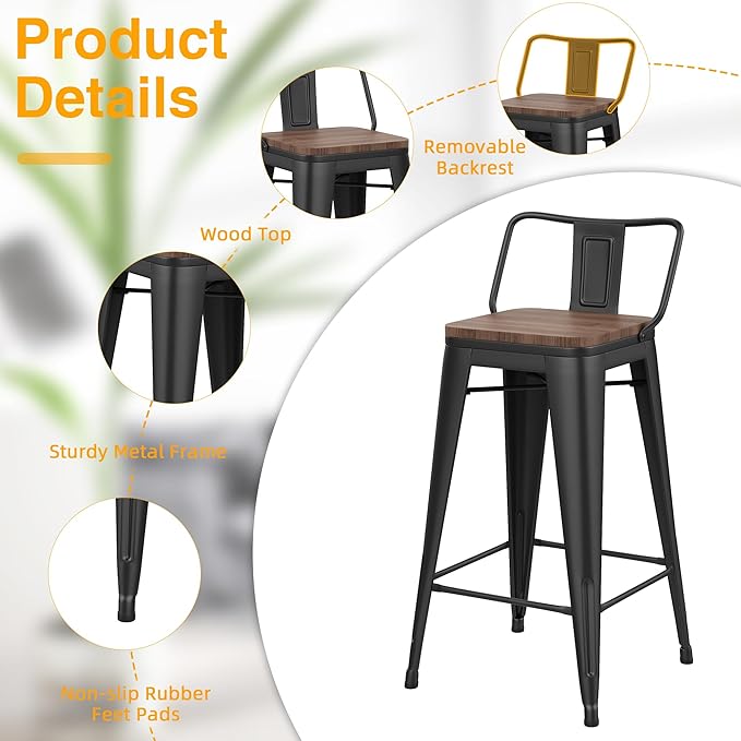 Yongchuang 24" Metal Barstools Set of 4 Counter Bar Stools with Wood Top Low Back Matte Black