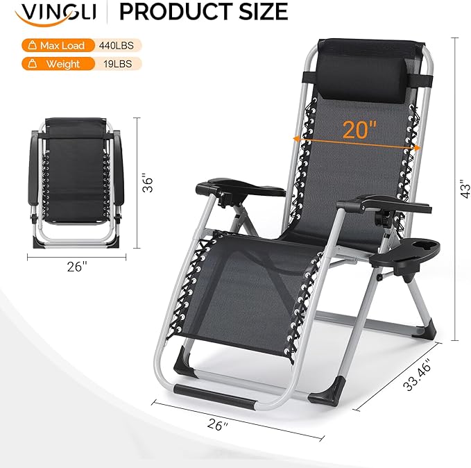 VINGLI Padded Zero Gravity Chair, Lounge Chair with Removable Cushion & Tray， Folding Reclining Patio Chairs， Recliner Chair for Lawn，Indoor Outdoor-Red