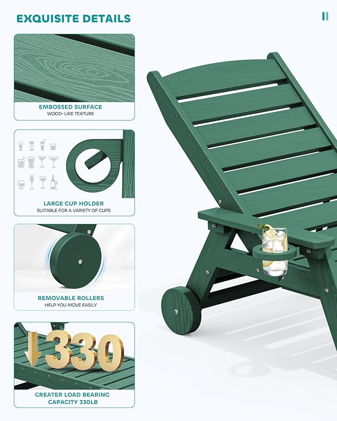 SERWALL Patio Chaise Lounge Chair Set of 2, 78'' Long 5-Positions Adjustable HDPE Outdoor Lounger for Pool, Poly Lounge Chair with Rolling Wheels & Cup Holder for Poolside, Deck, Dark Green