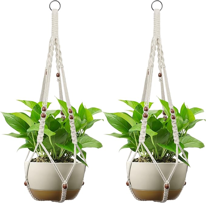 USLAI Macrame Plant Hanger Indoor Outdoor, Fits 4 to 15 Inch Pots, Strong Hanging Planter Holder, Boho Home Decor, 35+35 Inch, Ivory+Red Bead, Set of 2 (POTS NOT Included)