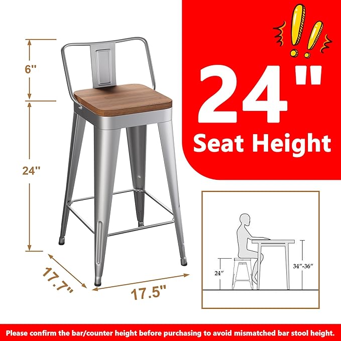 WENTMENT Bar Stools Set of 4 Counter Height Stools with Removable Back 24" Kitchen Bar Stools with Wooden Seat, Silver