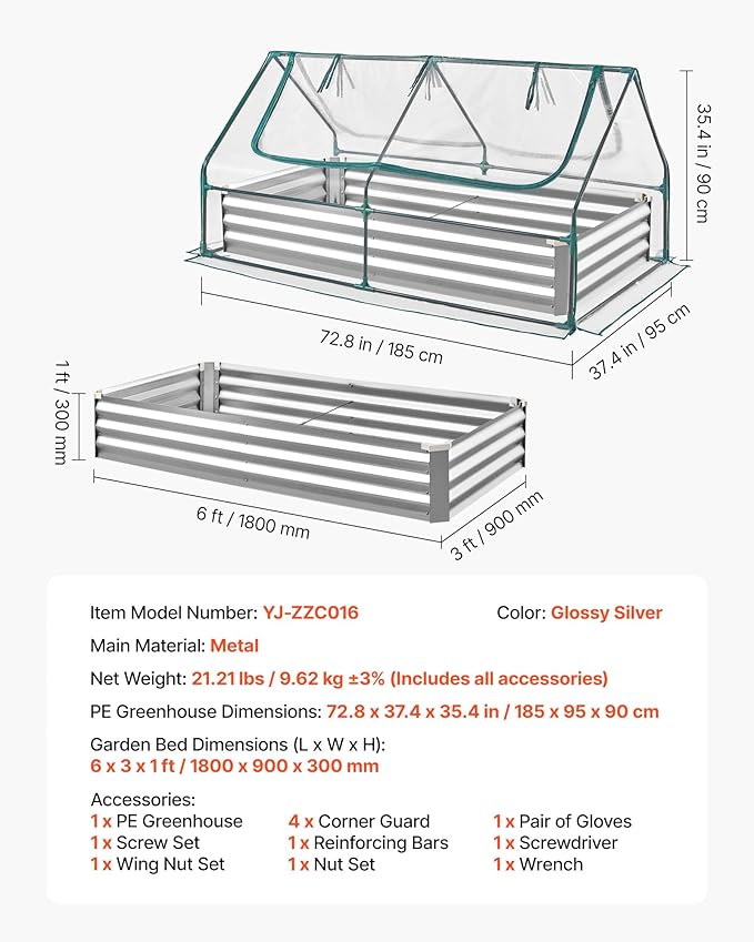 VEVOR 6x3x1FT Metal Raised Garden Bed with Greenhouse Cover, Outdoor Galvanized Planter Raised Beds for Gardening for Vegetables Flowers and Fruit