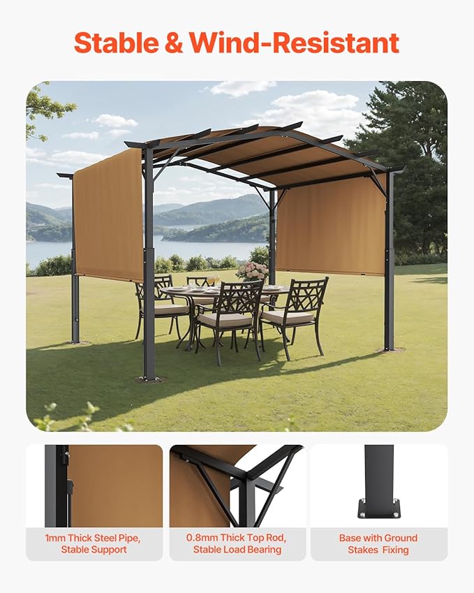VEVOR 10 x 10 ft Outdoor Pergola, Arched Top Metal Pergola, Retractable Pergola with Sun Shade Canopy, Large Patio Shelter Pavilion, Heavy Duty Garden Pergola for Deck Backyard Porch Poolside