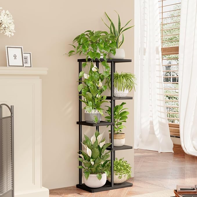 Bamworld Plant Stand Indoor, Corner 5 Tier Metal Plant Shelf for Multiple Plants, Tiered Flower Pot Stands for Patio Garden Balcony Living Room Bedroom, Black