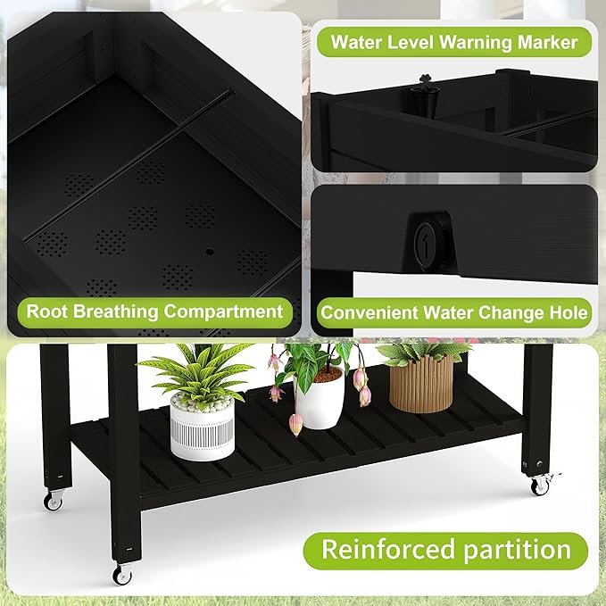 Raised Garden Bed with Legs, 33.66" Tall Self-Watering Resin Planter Box with Lockable Wheels Drainage Plug and Gauge for Vegetables, Flowers, Storage Shelf for Tools and Accessories (Black)