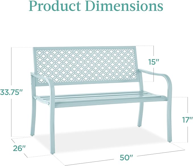 Best Choice Products Outdoor Bench 2-Person Metal Steel Benches Furniture for Garden, Patio, Porch, Entryway w/Geometric Backrest, 790lb Capacity - Sky Blue