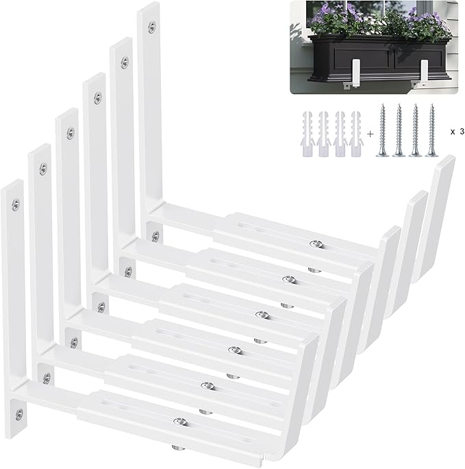 Y&M 6 Pack Adjustable Planter Brackets (6 to 12.5 in), Universal Window Box Brackets, Heavy Duty Iron Flower Box Wall Mounting Hooks for Balcony, Fences, Patio, and Garden - White