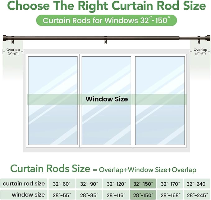 Curtain Rods for Windows 72 to 144, 1 Inch Adjustable Heavy Duty Long Window Drapery Rods with End Caps, Indoor Outdoor Curtain Rod for Patio Bedroom, Size 32" - 150", Antique Bronze