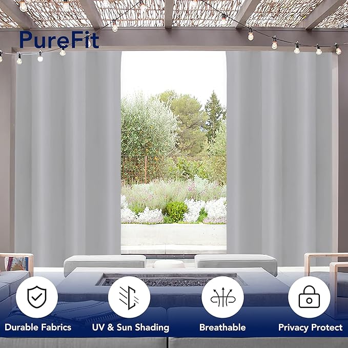 PureFit Outdoor Curtains for Patio Waterproof Weatherproof, UV Resistant Outside Curtains for Gazebo, Front Porch, Pergola, Sun Blocking Privacy Curtain, 52W x 120L inch, 1 Panel, Light Gray
