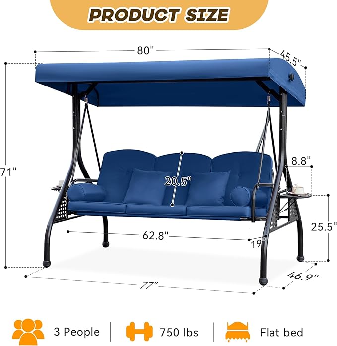 3 in 1 Outdoor Porch Swing with Adjustable Canopy, 3 Seat Outdoor Swing for Adults, Patio Swing Chair with Thickened Cushions,Pillows & Cup Holders for Backyard, Porch, Garden (Blue)