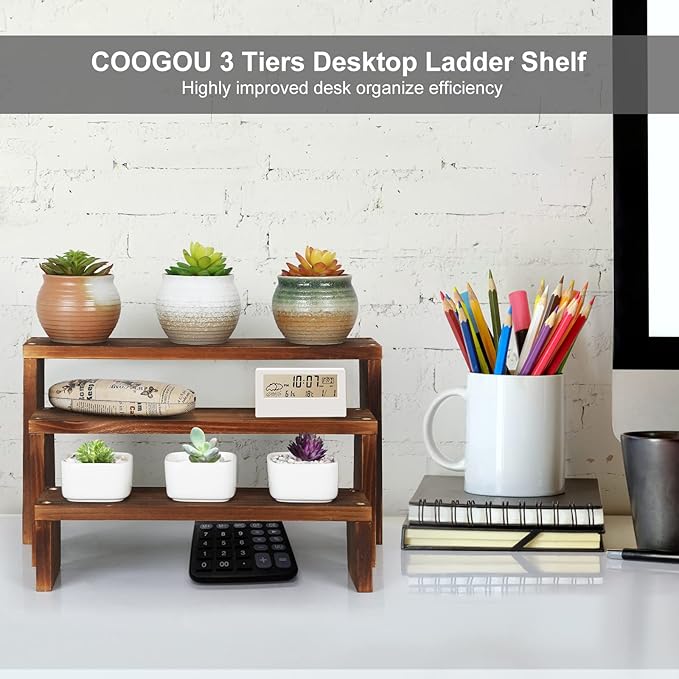 Desk Plant Stand Windowsill Plant Shelf 3 Tiers Wooden Tabletop Plant Shelves Small Countertop Desktop Shelf for Succulent Cupcake Stands Spice Rack