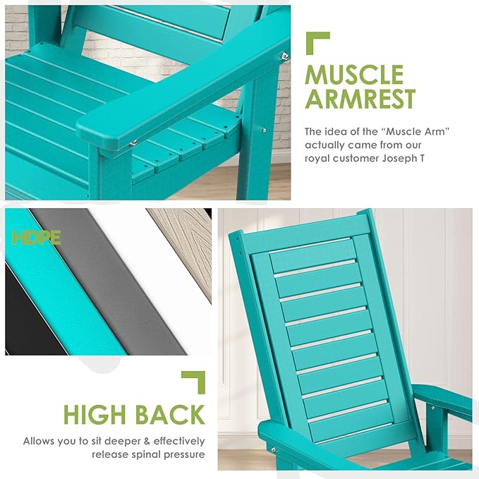 GREENVINES Outdoor Rocking Chairs | Set of 2 | Porch Rocker | HDPE Plastic | Aqua | Oversized Rockers | High Back | Big & Tall | Ladder Back | for Patio Outside Backyard Balcony Garden
