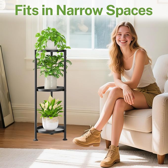 iDavosic.ly 3 Tier Plant Stand Indoor with 10 Inch Wide Tray, Tiered Corner Metal Outdoor Flower Display Holder, Vertical Tall Rack for Patio Porch Living Room, Modern Black