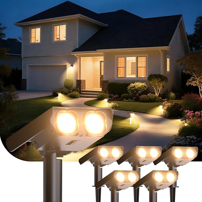 Solar Spot Lights Outdoor Adjustable Beam & PC Light Guide Column, 6 Pack Solar Lights Outdoor Waterproof IP65, 2 Modes & Auto On/Off Landscape Spotlights for Garden, Yard, Pathway, Tree (Warm Yellow)