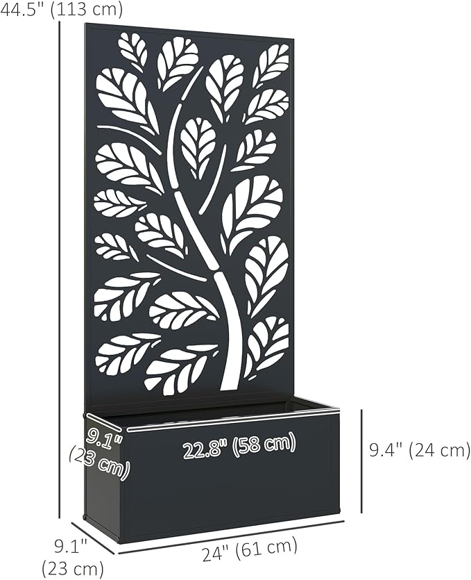 Outsunny Metal Raised Garden Bed with Trellis for Climbing Plants, Freestanding or Wall Mounted Flower Bed with Privacy Panel, Twigs and Leaves Cut-Outs Outdoor Planter Box for Garden, Patio, Balcony