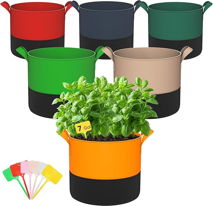 7-Gallon Grow Bags for Potato Planting: 6 Pack Heavy Duty 350G Thickened Tomato Planter Bags with Handles - Fabric Pots Felt Garden Bags for Growing Vegetable Fruit Flower Herb with 10 Plant Labels