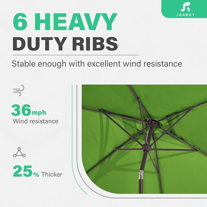 JEAREY 6.5x10 ft Rectangular Patio Umbrellas Rectangle Outdoor Umbrella with Push Button Tilt and Crank, Market Table Umbrella 6 Sturdy Ribs UV Protection for Poolside Garden Backyard Deck, Glass Green