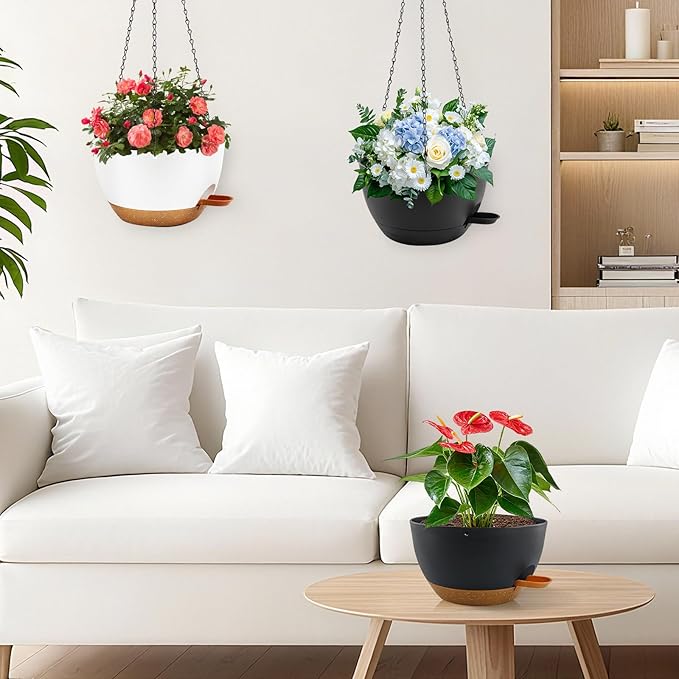 10 inch Hanging Planters for Indoor Plants, 3 Pack Self-Watering Hanging Planter Pots with Chain and Drainage Holes, Outdoor Plastic Hanging Baskets for Garden Home Decor