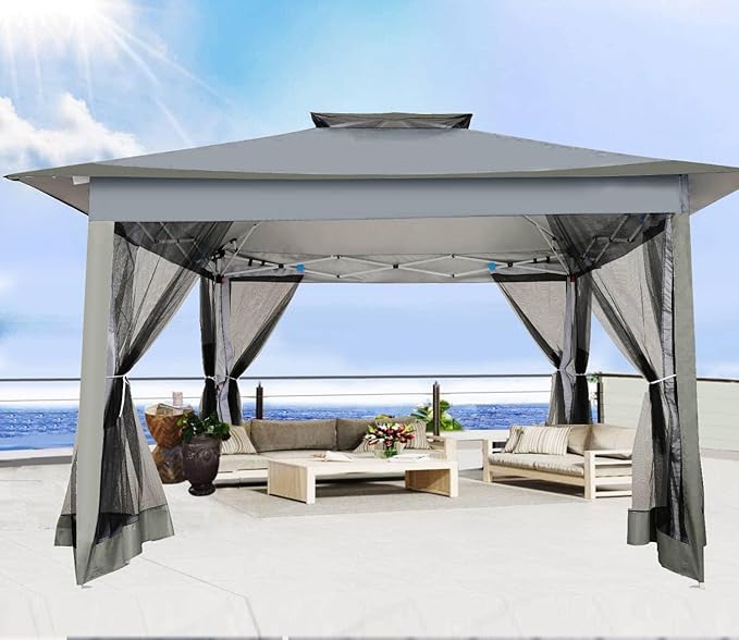 COBIZI 12x12 Pop Up Gazebos On Clearance - Upgrade Easy Up Metal Outdoor Gazebo Waterproof - Portable Gazebo with Mosquito Nettings, 4 Ropes 8 Stakes and Carry Bag for Patio Garden(Dark Gray)