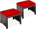 Best Choice Products Set of 2 Wicker Ottomans, Multipurpose Outdoor Furniture for Patio, Backyard, Additional Seating, Footrest, Side Table w/Removable Cushions, Steel Frame - Brown/Red