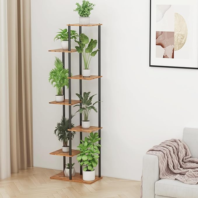 Plant Stand Indoor 7 Tier 8 Potted Metal Wood Plant Shelf, Multiple Flower Pots Corner Tall Plant Holder Stands for Living Room Balcony Bedroom, Rustic Brown
