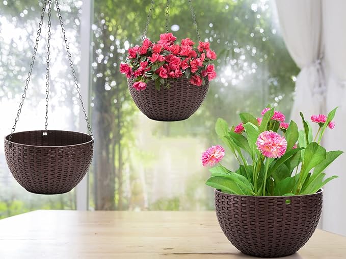 Foraineam 4 Pack 8.2 inch Self-Watering Hanging Planters, Garden Flower Plant Pot Container, Hanging Basket Planter with Drainer and Chain for Indoor Outdoor Use, Coffee Brown