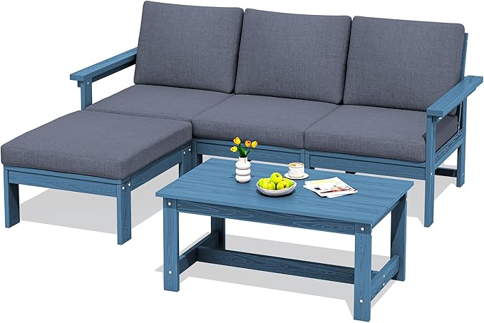 SERWALL Outdoor Sectional Sofa Set, 5-piece Outdoor Modula Couch Set with Ottoman, All Weather Patio Furniture Set with Chaise for Deck, Lawn, Blue Frame with Gray Cushion